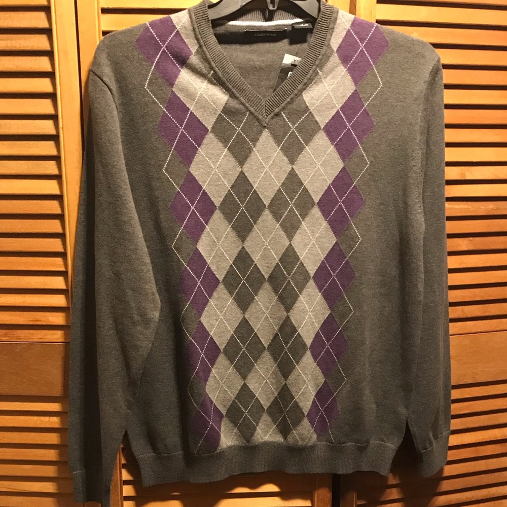 Claiborne Grey, Purple & White Argyle Sweater